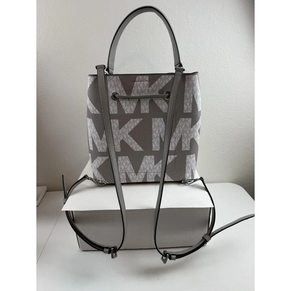 Michael Kors Suri Gray White Monogram Logo Print Convertible Bucket Backpack Bag